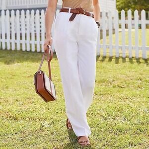 Lands End White 100% Linen High Rise Wide Leg Pants Womens Size 14 Petite